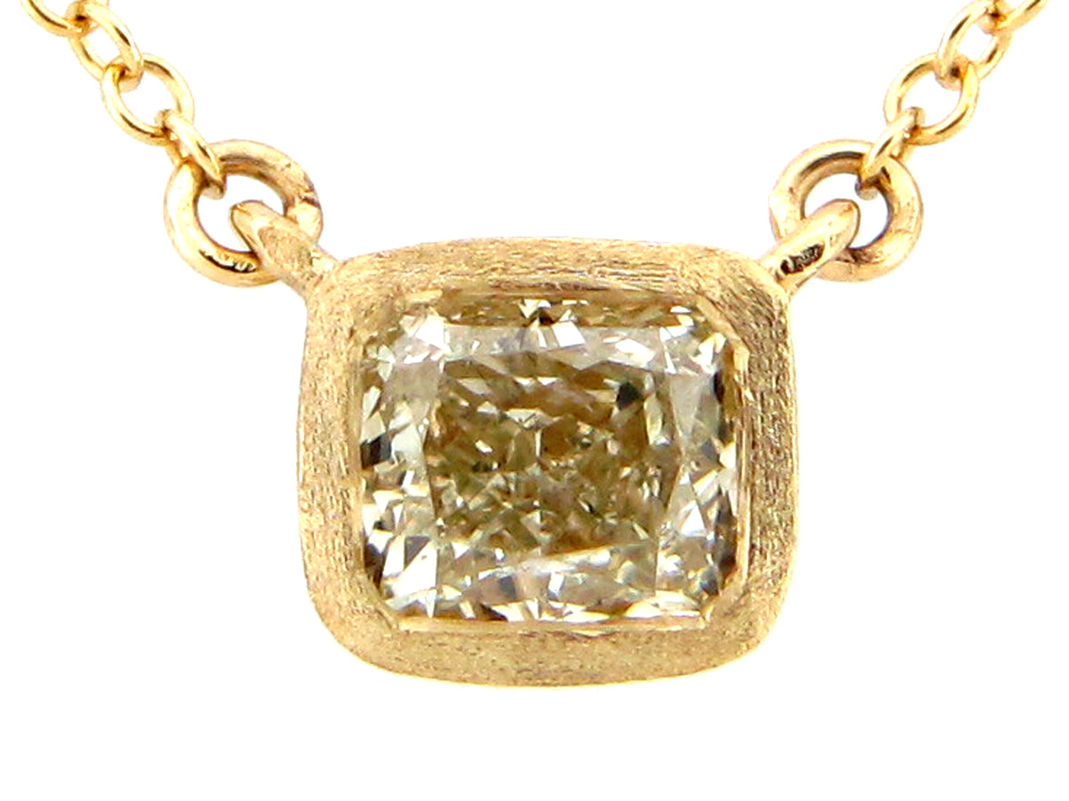 FANCY LIGHT YELLOW CUSHION DIAMOND PENDANT NECKLACE, 18"/17"/16",SATIN FINISH, 14KY (N)