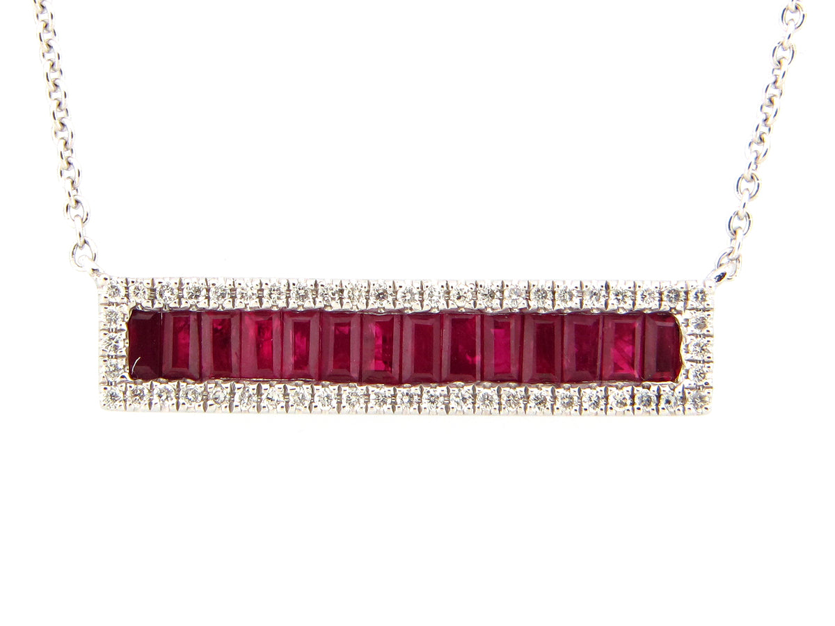RUBY & DIAMOND BAR NECKLACE, 18"/17"/16", 14KW (H)