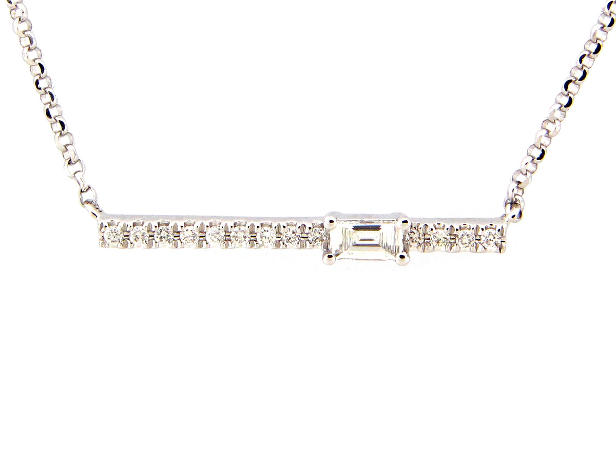 DIAMOND BAGUETTE BAR NECKLACE, 18"/17"/16", 14KW (N)