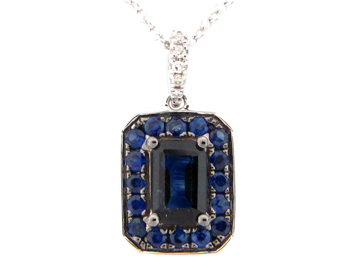 SAPPHIRE EMERALD CUT & DIAMOND PENDANT, 18" BOLO CHAIN, 14KW (H)