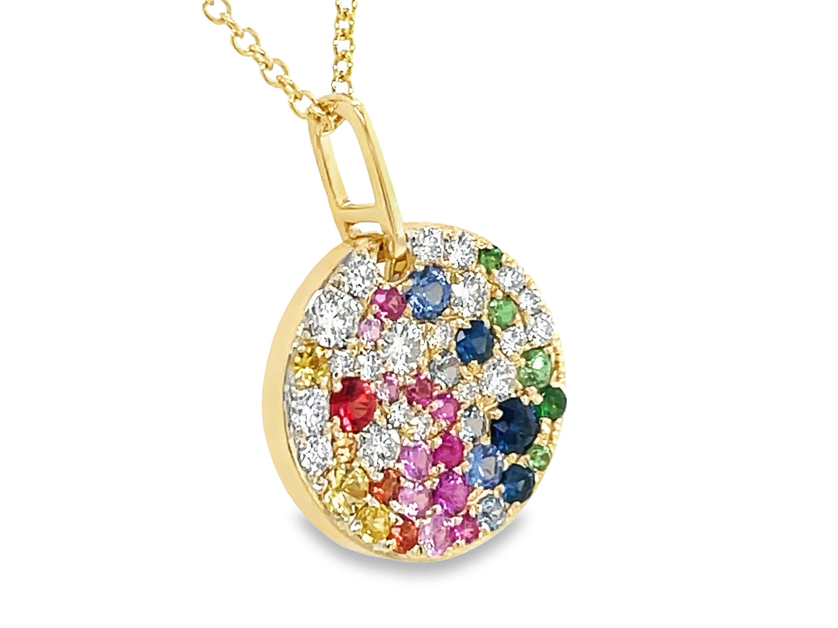 RAINBOW SAPPHIRE. RUBY. TSAVORITE & DIAMOND PAVE DISC PENDANT, 14MM, 18"/16"