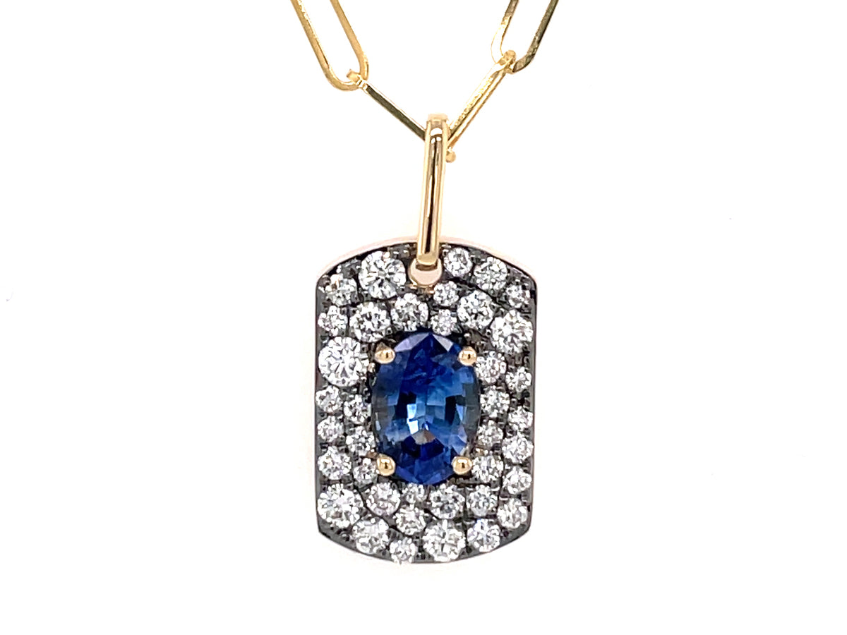 SAPPHIRE & DIAMOND PENDANT, BLACK FINISH PRONGS, PAPERCLUP CHAIN, 14KY (H)