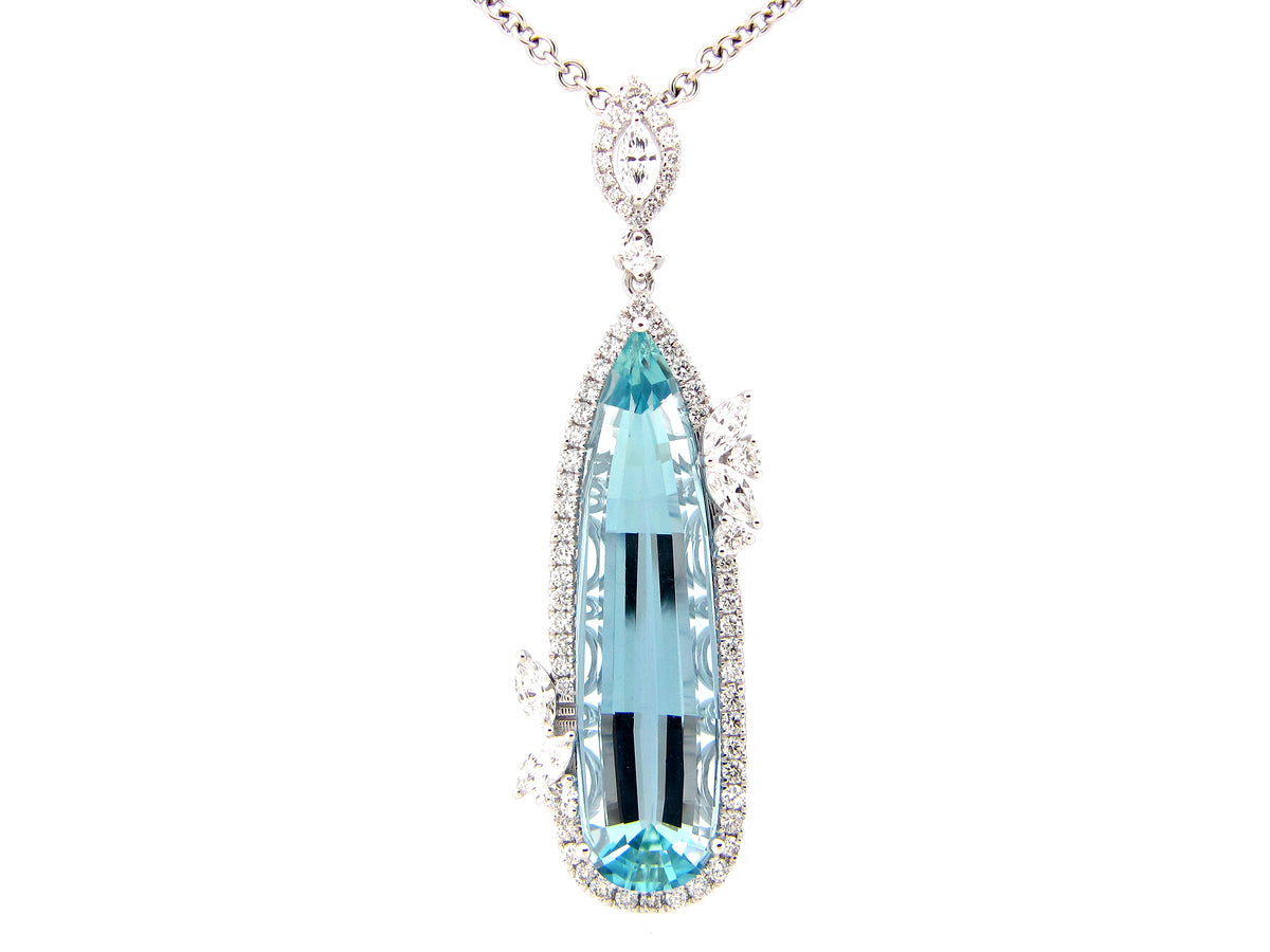 AQUAMARINE & DIAMOND TEAR DROP PENDANT , 18KW (H)