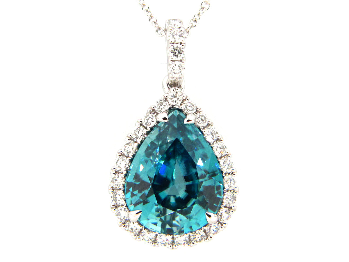 BLUE ZIRCON & DIAMOND PENDANT, 18KW (H)