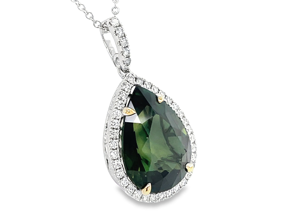 GREEN SAPPHIRE PEAR & DIAMOND HALO PENDANT, 17X13MM, 18KWY (H)