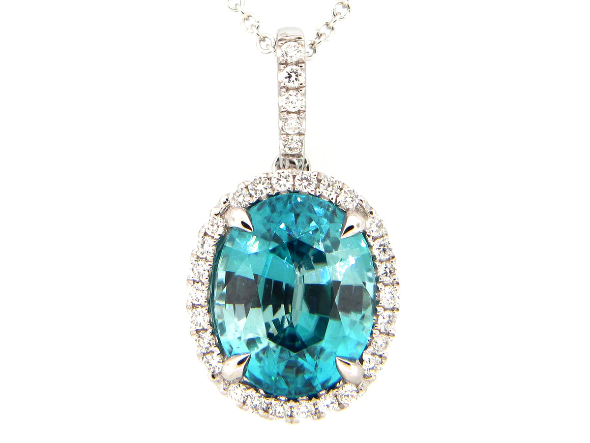 BLUE ZIRCON & DIAMOND PENDANT, 18KW (H)