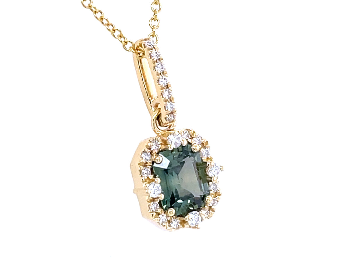 Natural No Heat Green Sapphire Diamond Halo Pendant