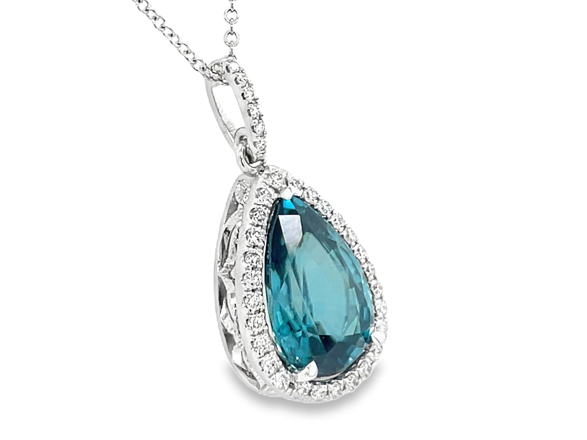 BLUE ZIRCON PEAR & DIAMOND HALO PENDANT, 18"/16"