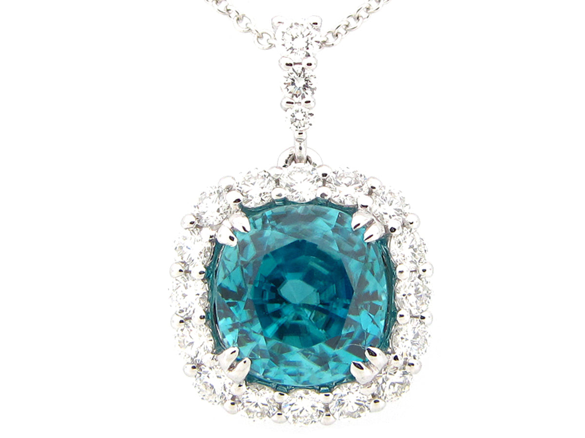 BLUE ZIRCON & DIAMOND PENDANT, 18KW (H)