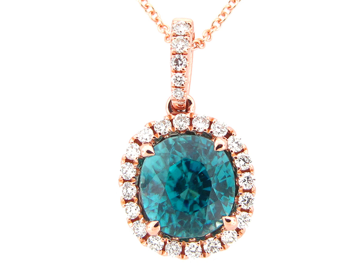 BLUE ZIRCON & DIAMOND PENDANT, 18KR (H)