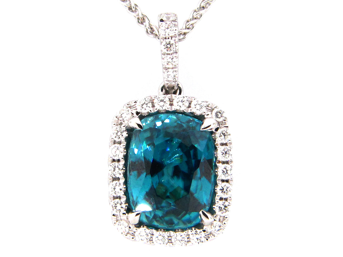 BLUE ZIRCON & DIAMOND PENDANT, 18KW (H)