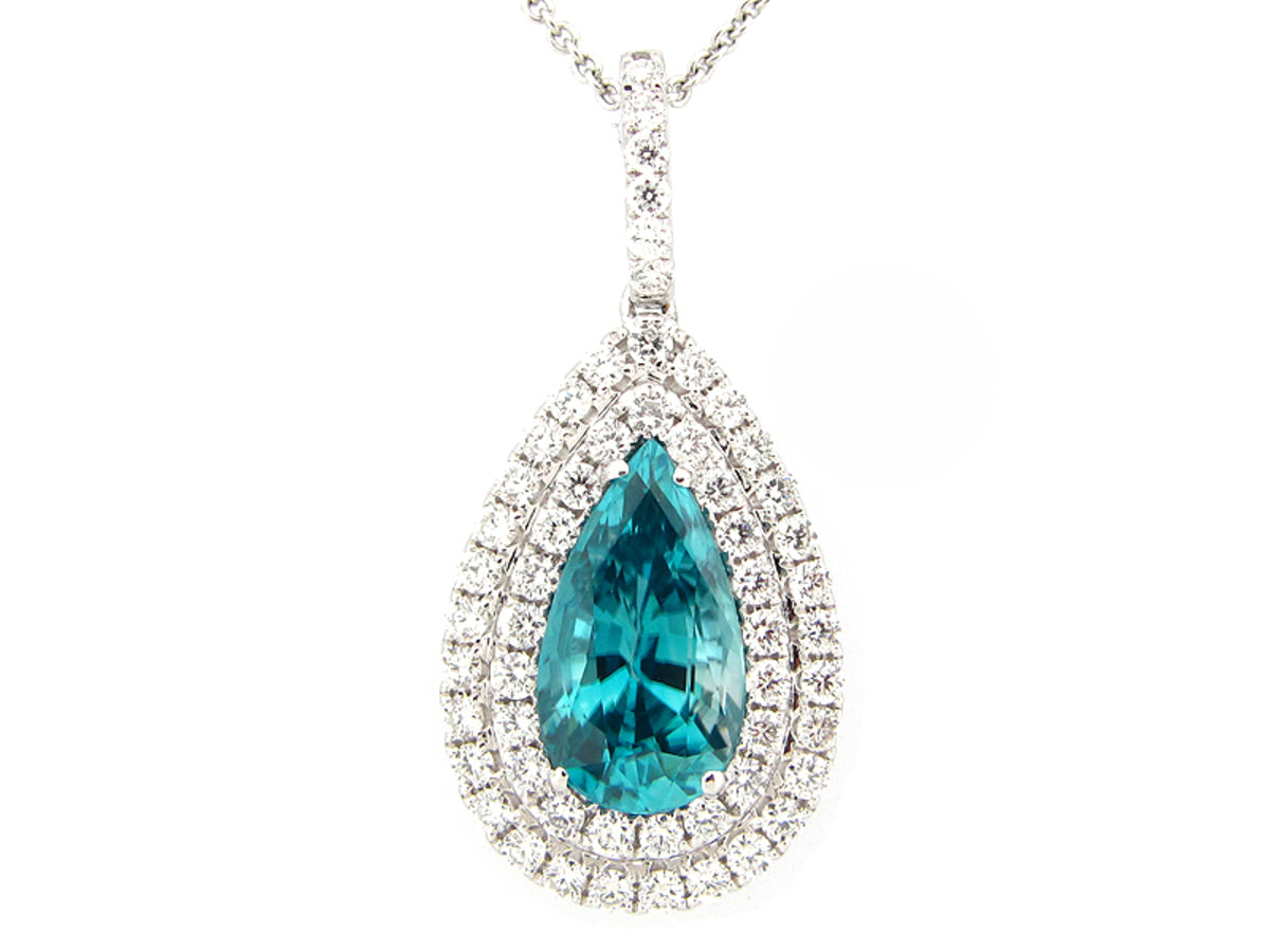 BLUE ZIRCON & DIAMOND PENDANT, 18KW (H)