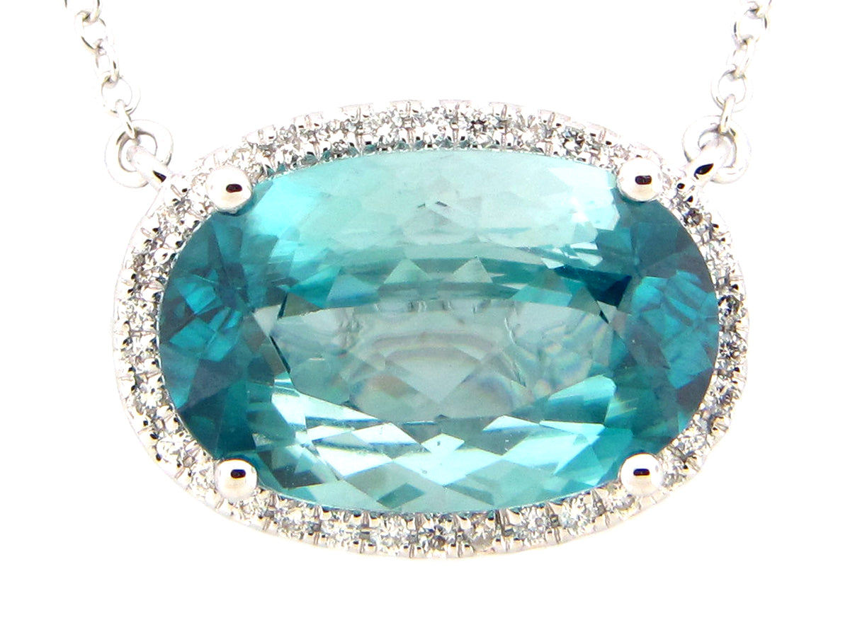 BLUE ZIRCON & DIAMOND PENDANT NECKLACE, 18",17",16", 18KW (H)