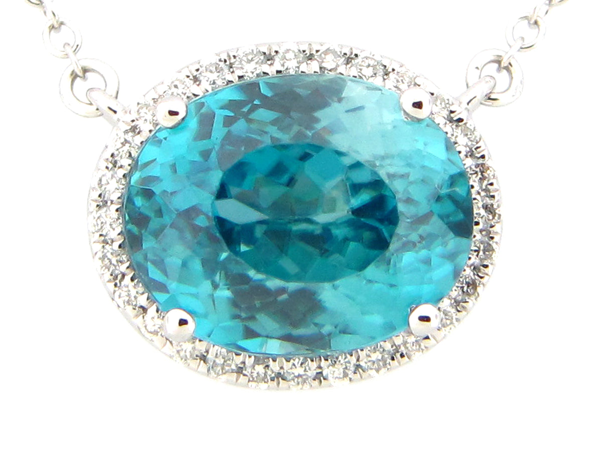 BLUE ZIRCON & DIAMOND PENDANT NECKLACE, 18",17",16", 18KW (H)