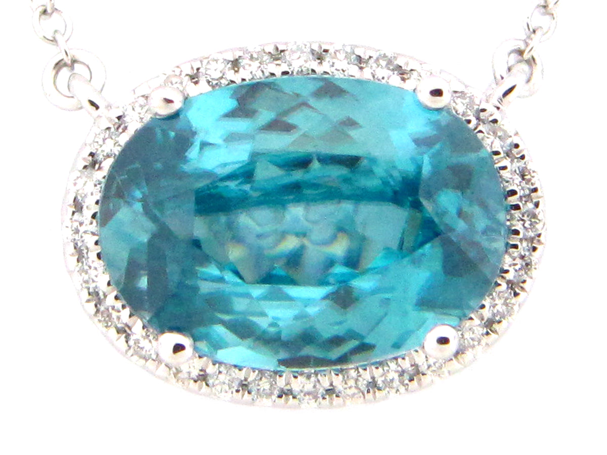 BLUE ZIRCON & DIAMOND PENDANT NECKLACE, 18",17",16", 18KW (H)