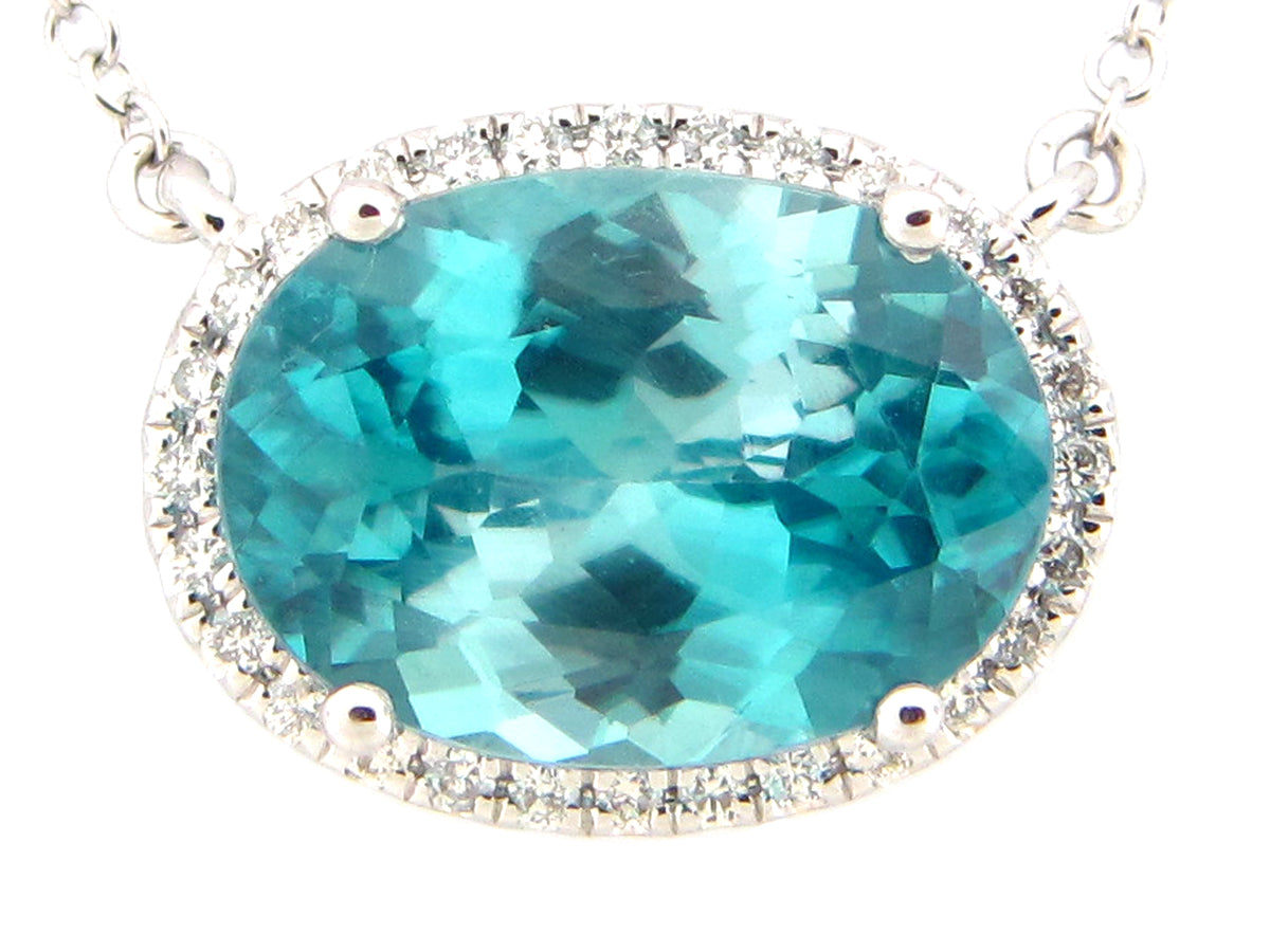 BLUE ZIRCON & DIAMOND PENDANT NECKLACE, 18",17",16", 18KW (H)