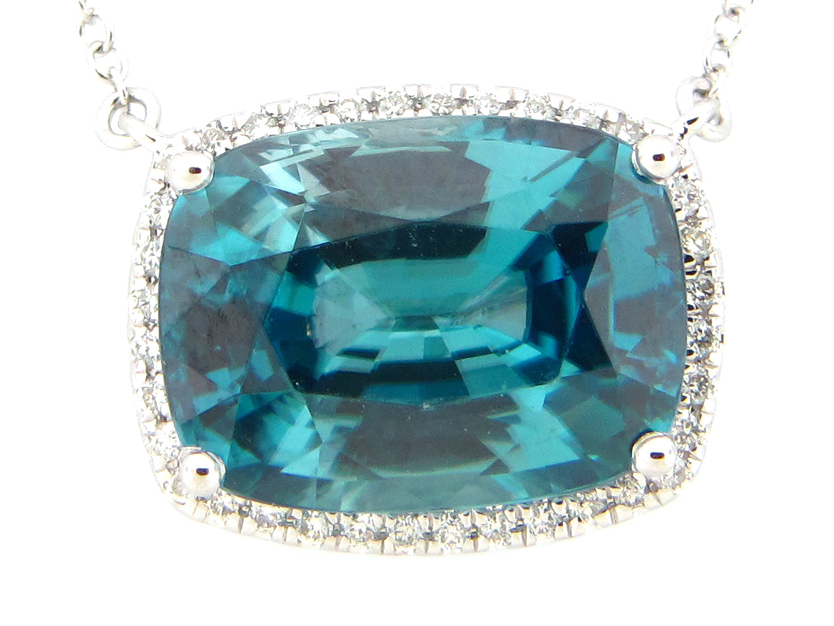 BLUE ZIRCON & DIAMOND PENDANT NECKLACE, 18",17",16", 18KW (H)