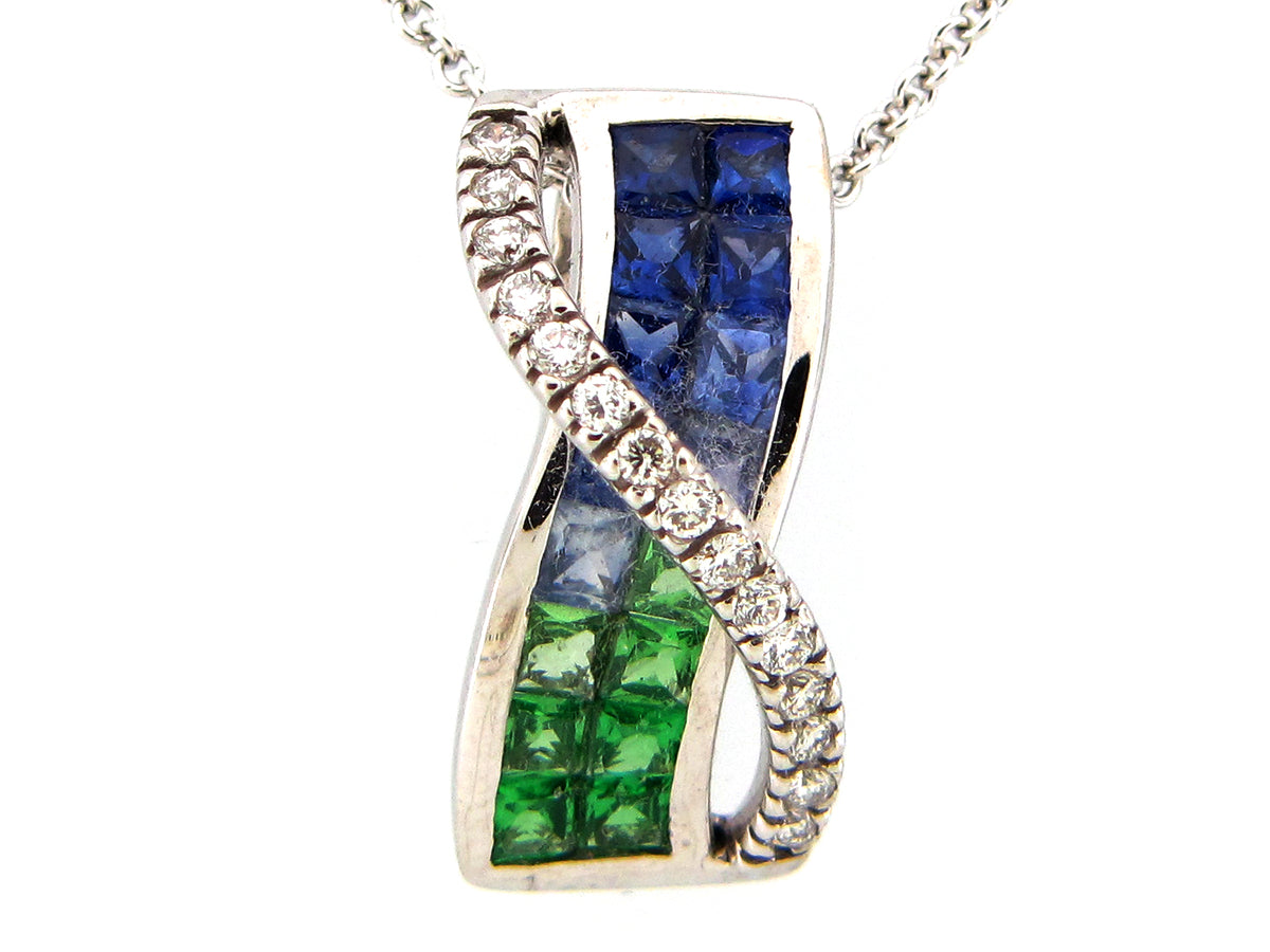 TSAVORITE, SAPPHIRE & DIAMOND PENDANT, 18KW (H), C=1.50