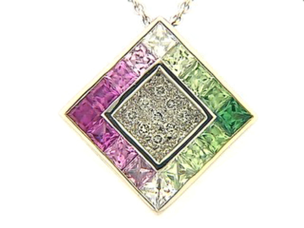 PINK SAPPHIRE, TSAVORITE & DIAMOND PENDANT, 18KW (H), C=1.50