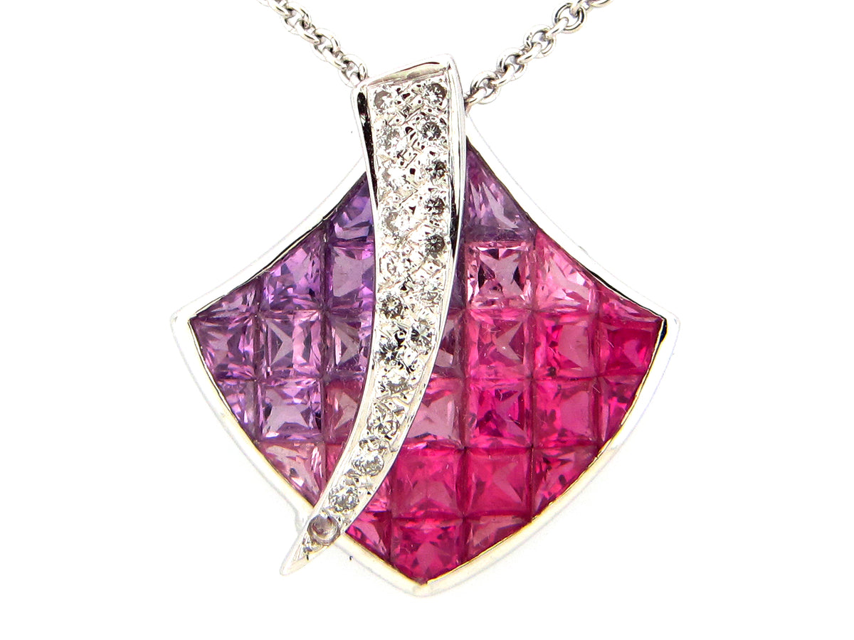 PURPLE, PINK SAPPHIRE & DIAMOND PENDANT, 18KW (H), C=3.24