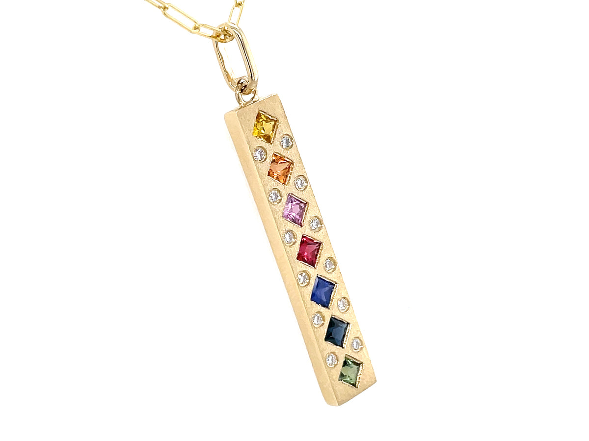 RAINBOW SAPPHIRE PRINCESS & DIAMOND ON POINT BAR PENDANT, 31X6MM, 18" PAPERCLIP CHAIN, SATIN FINISH