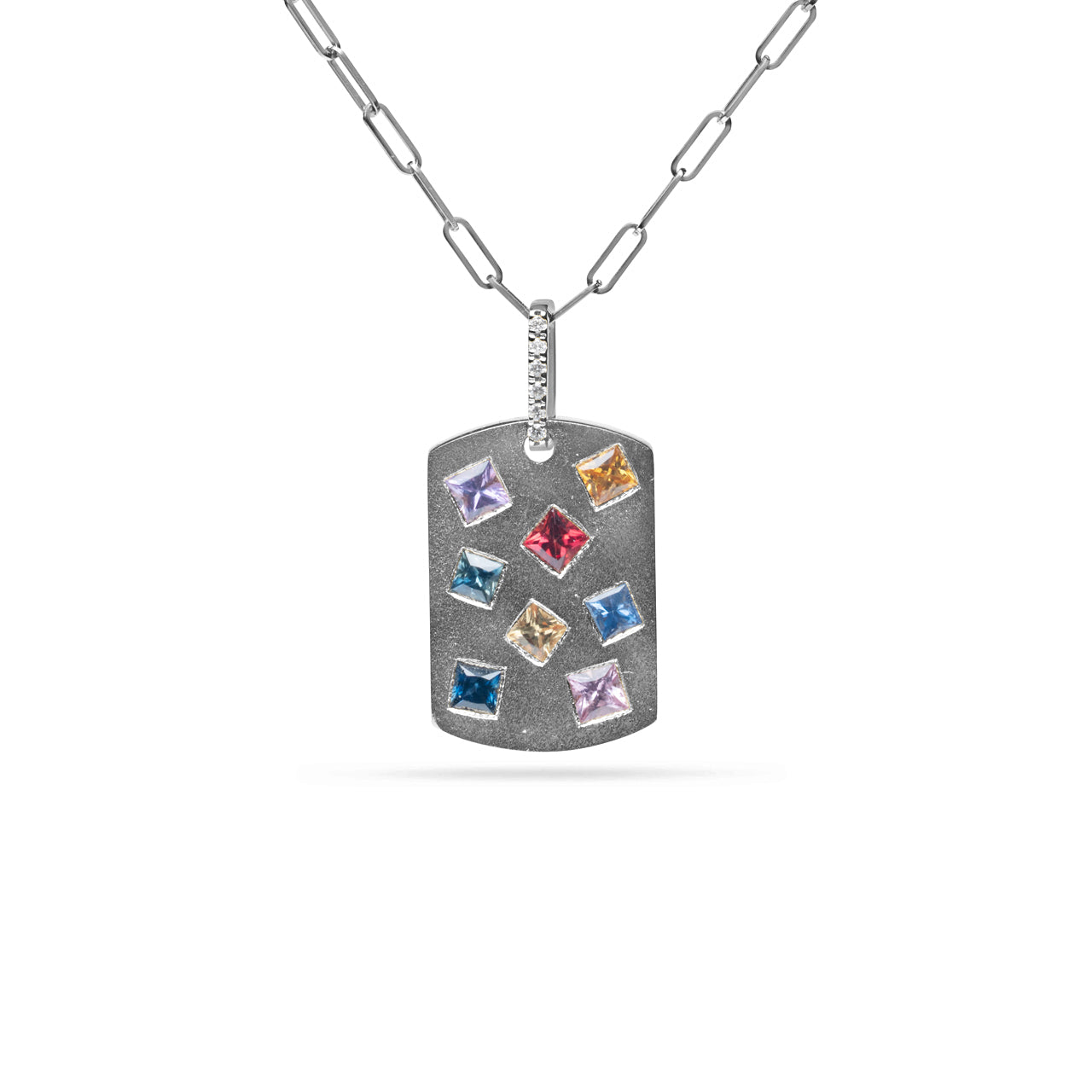 Rainbow Sapphire Princess Dog Tag Necklace
