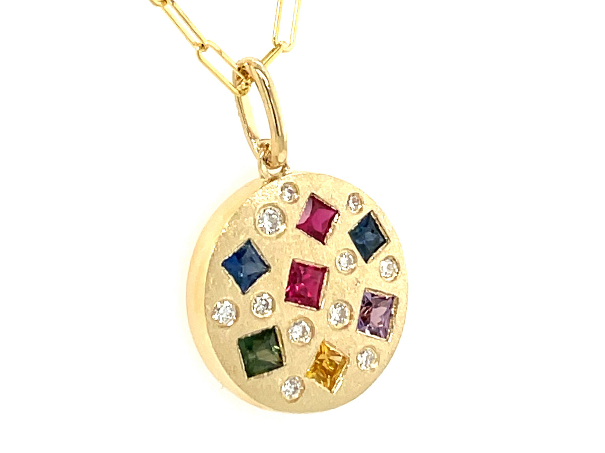 RAINBOW SAPPHIRE PRINCESS & DIAMOND DISC PENDANT, 15MM, 18" PAPERCLIP CHAIN, SATIN FINISH