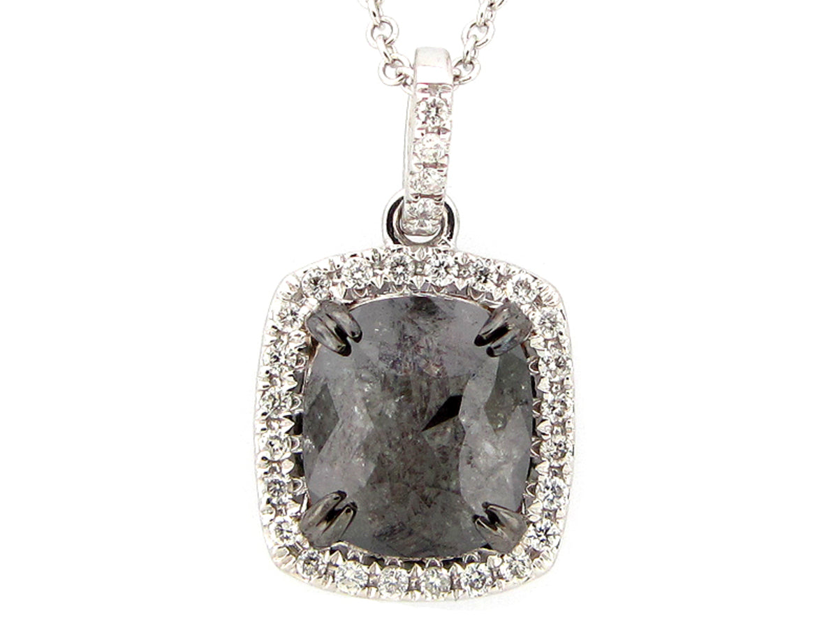 ROSE CUT BLACK & WHITE DIAMOND PENDANT, 14KW (R)