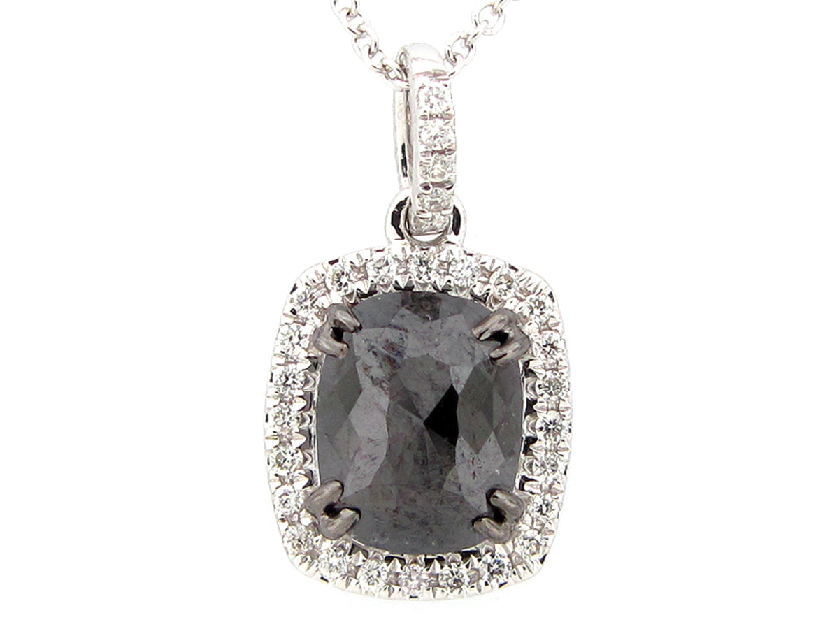 ROSE CUT BLACK & WHITE DIAMOND PENDANT, 14KW (R)