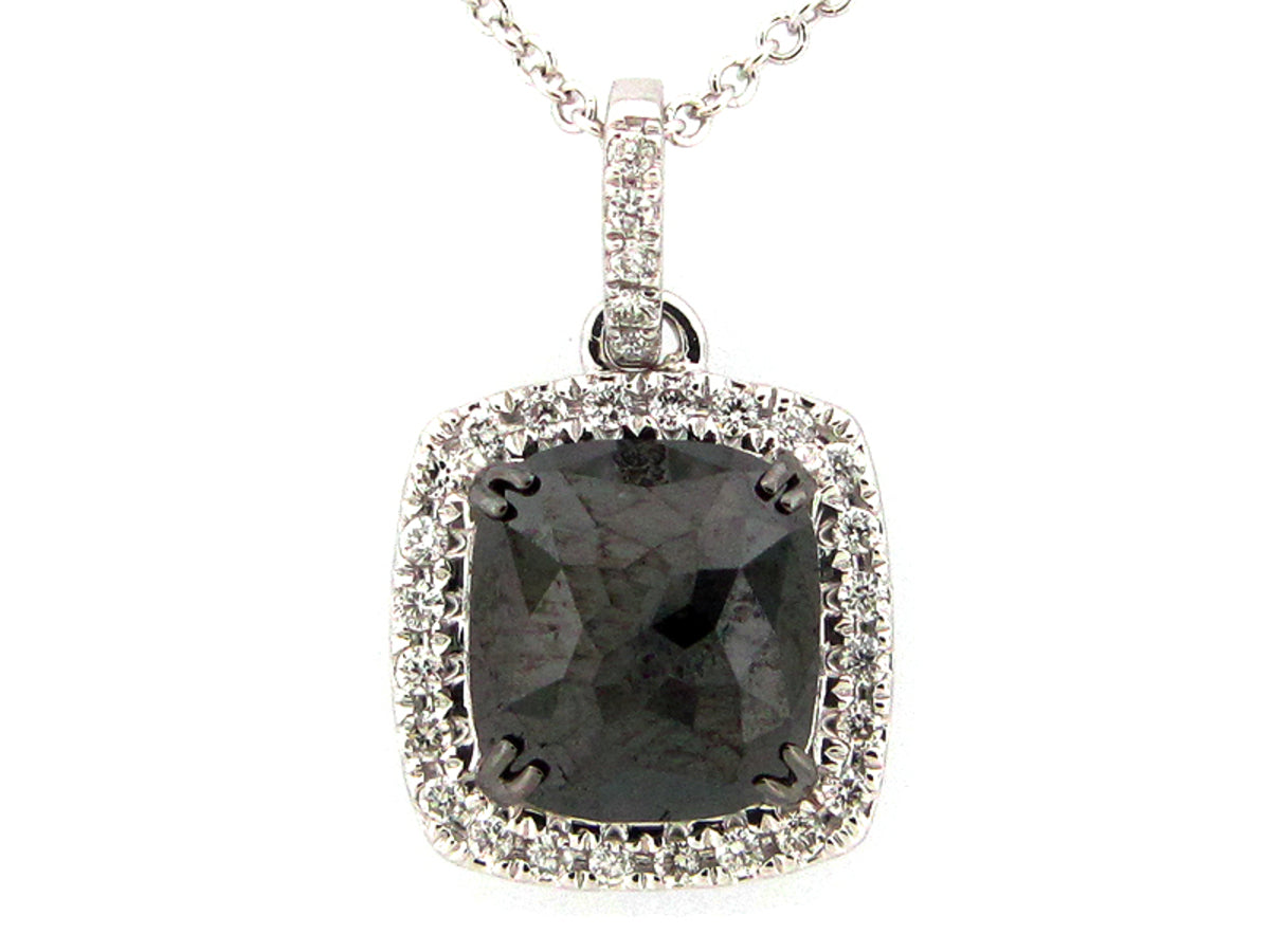 ROSE CUT BLACK & WHITE DIAMOND PENDANT, 14KW (R)