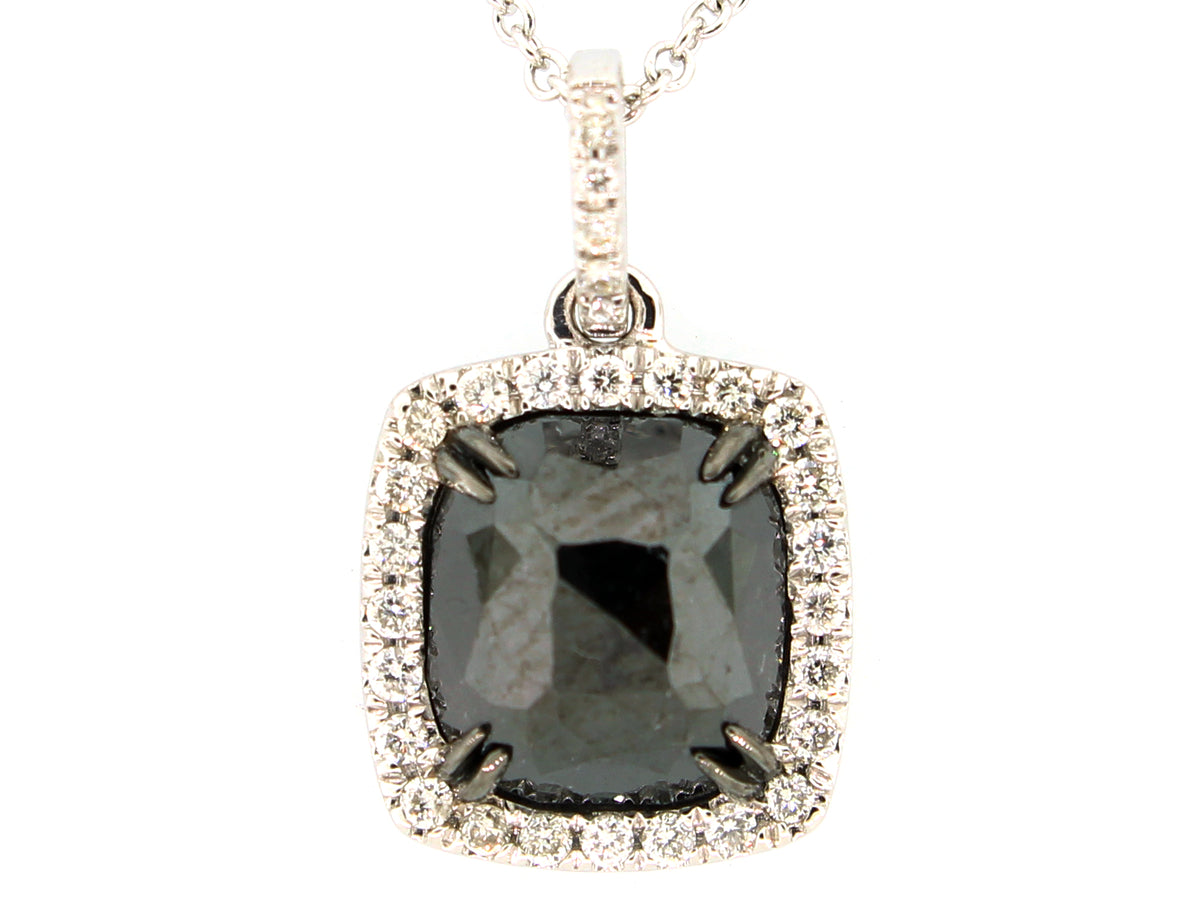 ROSE CUT BLACK & WHITE DIAMOND PENDANT, 14KW (R)