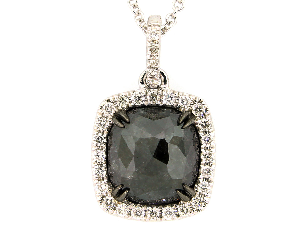 ROSE CUT BLACK & WHITE DIAMOND PENDANT, 14KW (R)