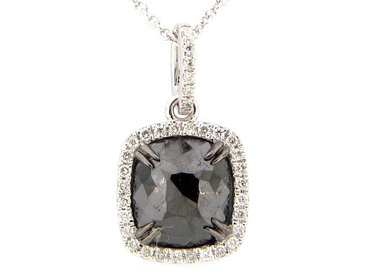 ROSE CUT BLACK & WHITE DIAMOND PENDANT, 14KW (R)