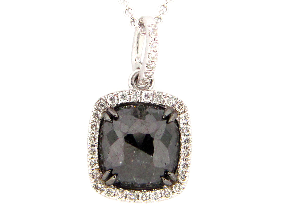 ROSE CUT BLACK & WHITE DIAMOND PENDANT, 14KW (R)