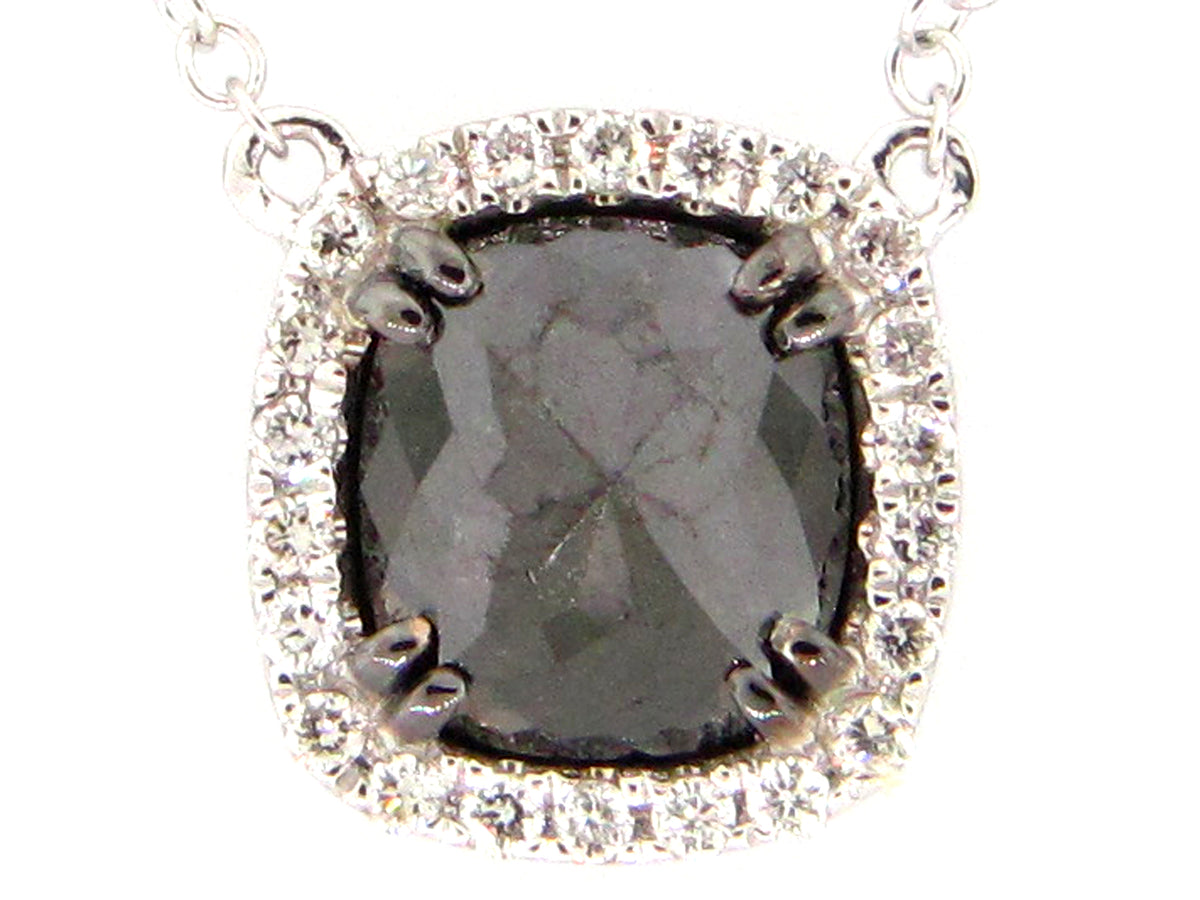 ROSE CUT BLACK & WHITE DIAMOND PENDANT NECKLACE, 18"/17"/16", 14KW (R)