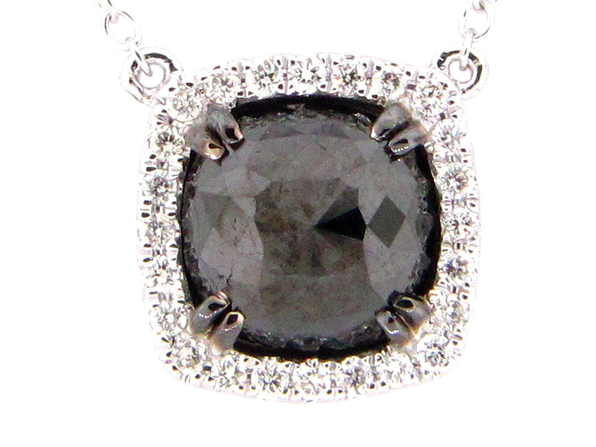 ROSE CUT BLACK & WHITE DIAMOND PENDANT NECKLACE, 18"/17"/16", 14KW (R)