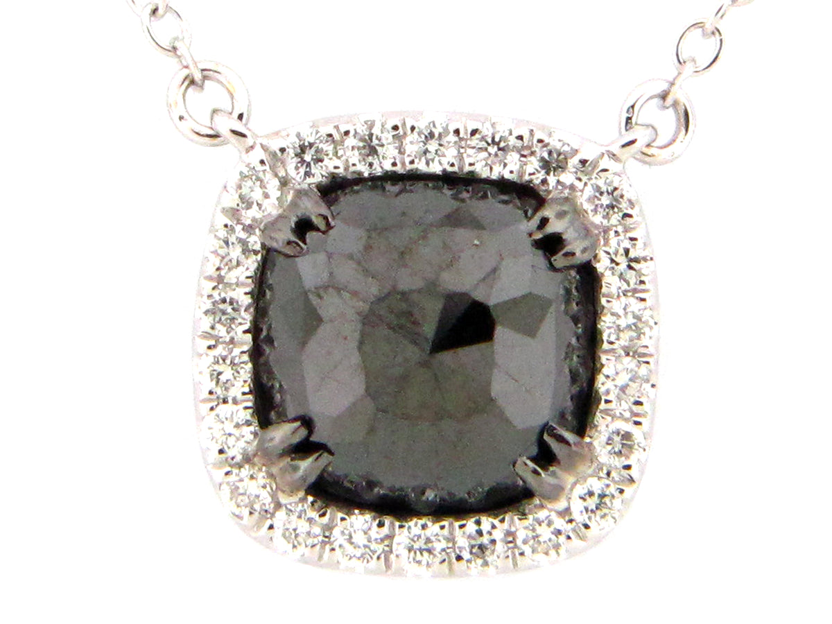ROSE CUT BLACK & WHITE DIAMOND PENDANT NECKLACE, 18"/17"/16", 14KW (R)
