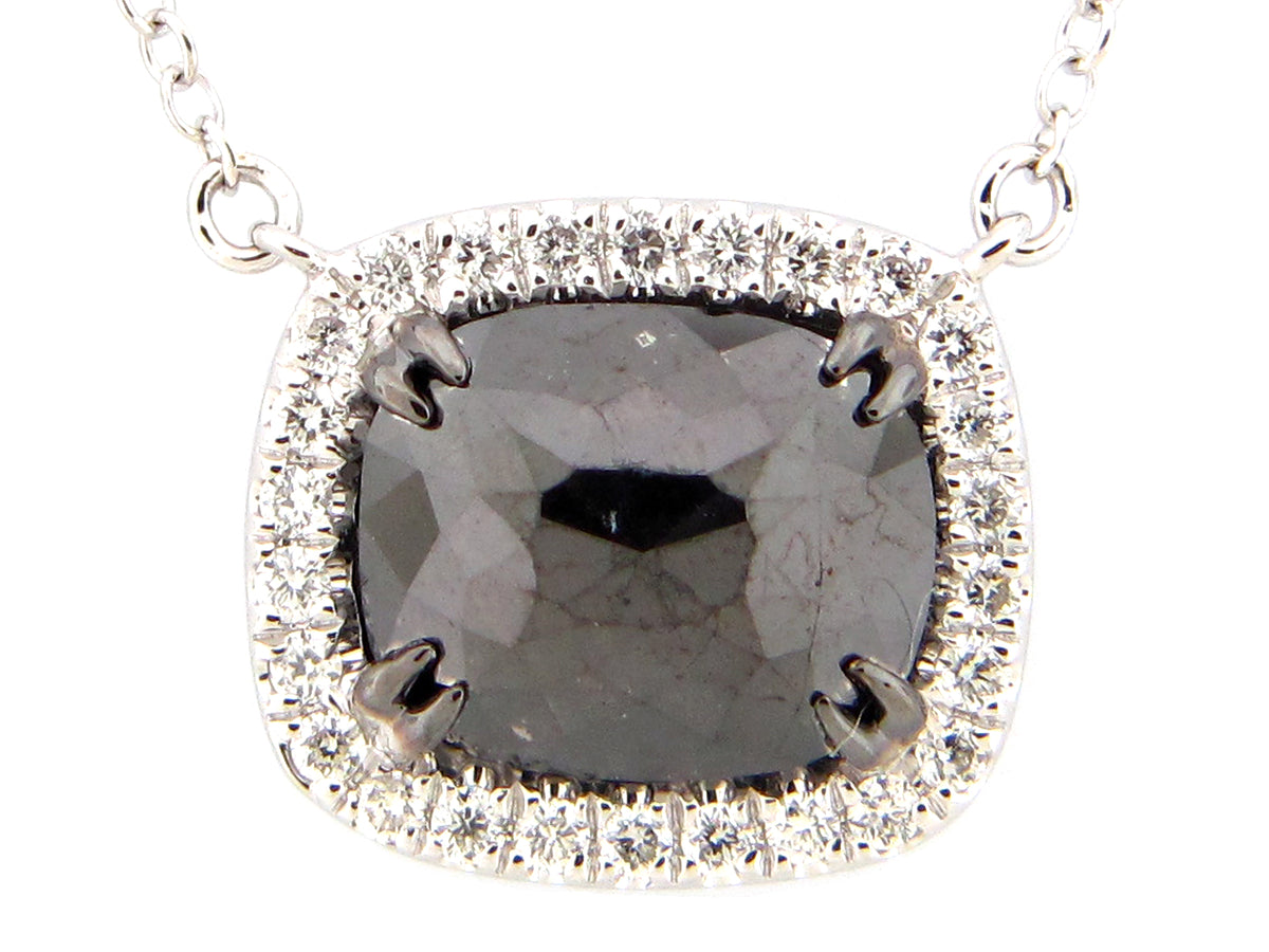 ROSE CUT BLACK & WHITE DIAMOND PENDANT NECKLACE, 18"/17"/16", 14KW (R)