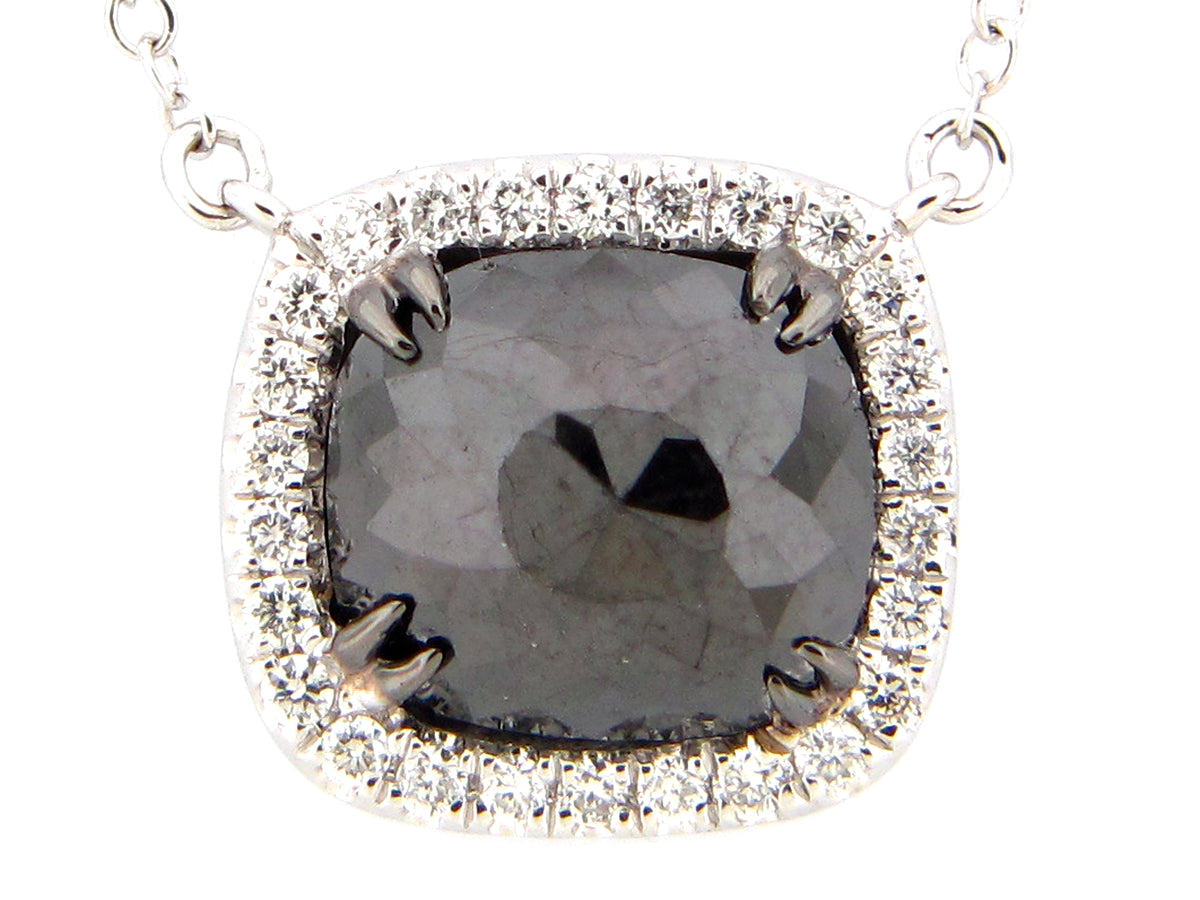 ROSE CUT BLACK & WHITE DIAMOND PENDANT NECKLACE, 18"/17"/16", 14KW (R)