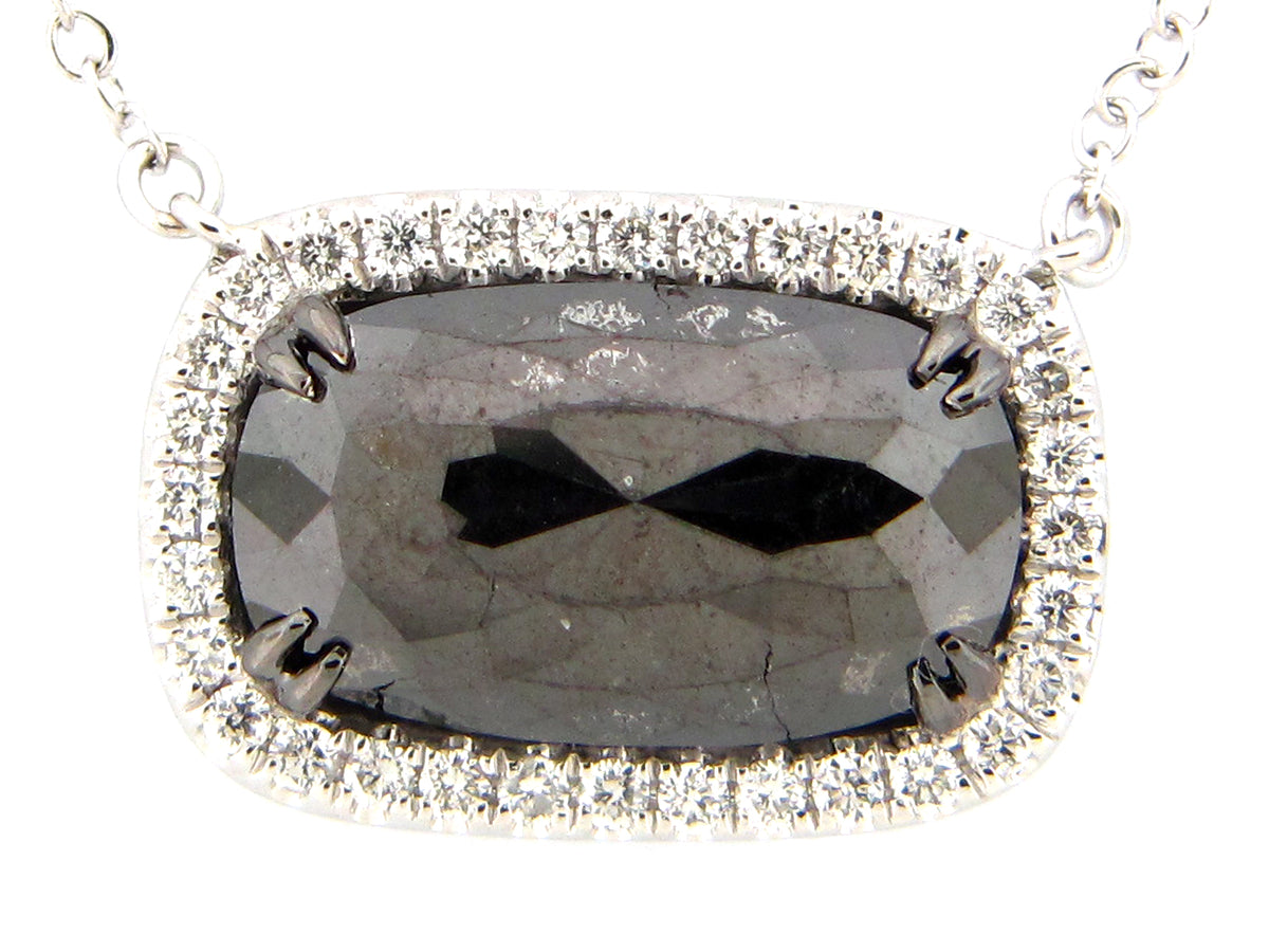 ROSE CUT BLACK & WHITE DIAMOND PENDANT NECKLACE, 18"/17"/16", 14KW (R)