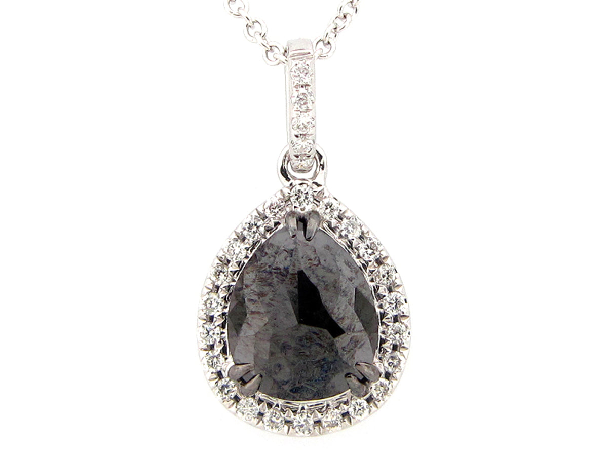 ROSE CUT BLACK & WHITE DIAMOND PENDANT, 14KW (R)