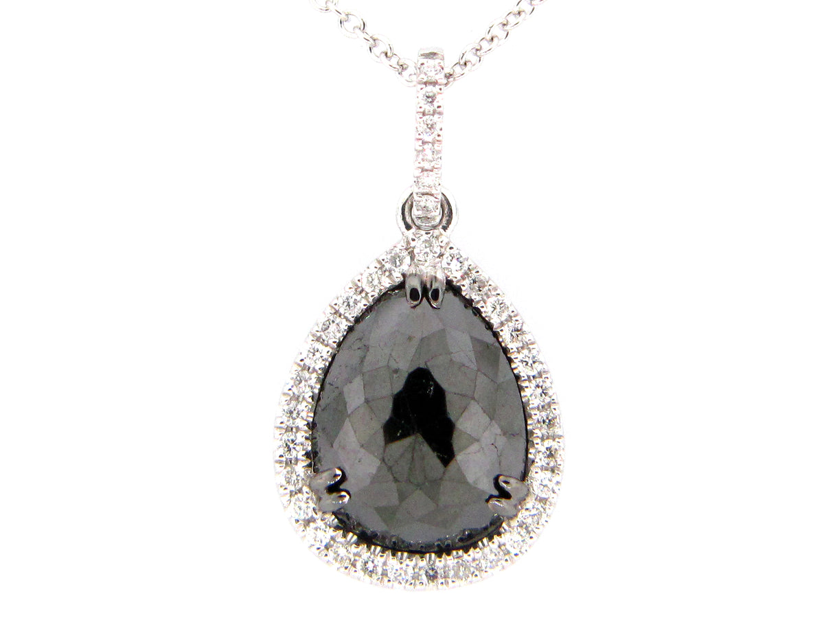 ROSE CUT BLACK & WHITE DIAMOND PENDANT, 14KW (R)