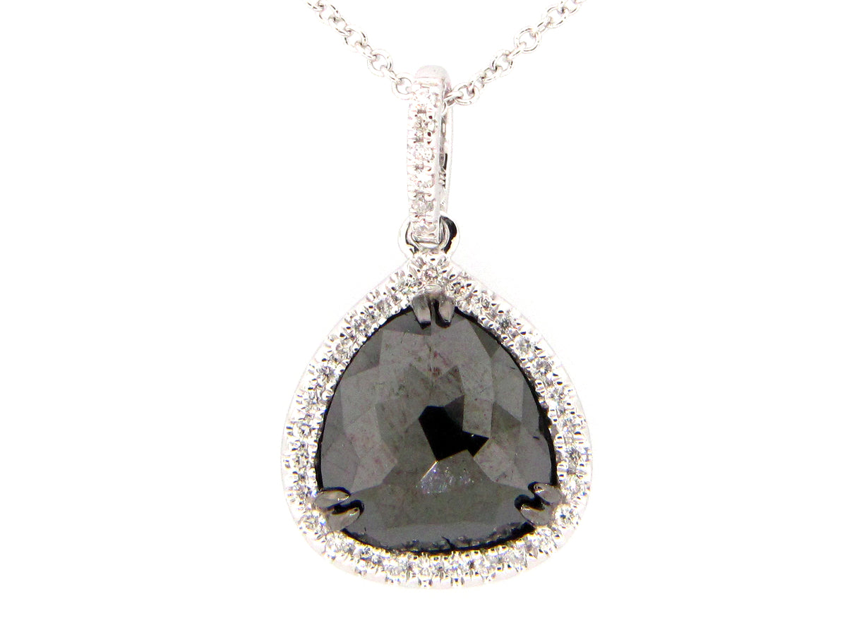 ROSE CUT BLACK & WHITE DIAMOND PENDANT, 14KW (R)