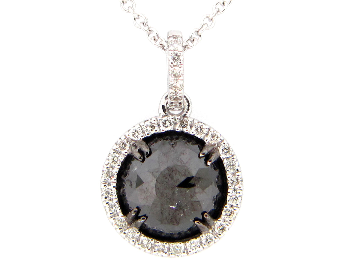 ROSE CUT BLACK & WHITE DIAMOND PENDANT, 14KW (R)