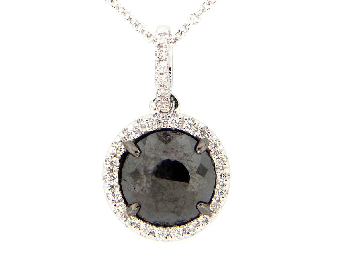 ROSE CUT BLACK & WHITE DIAMOND PENDANT, 14KW (R)