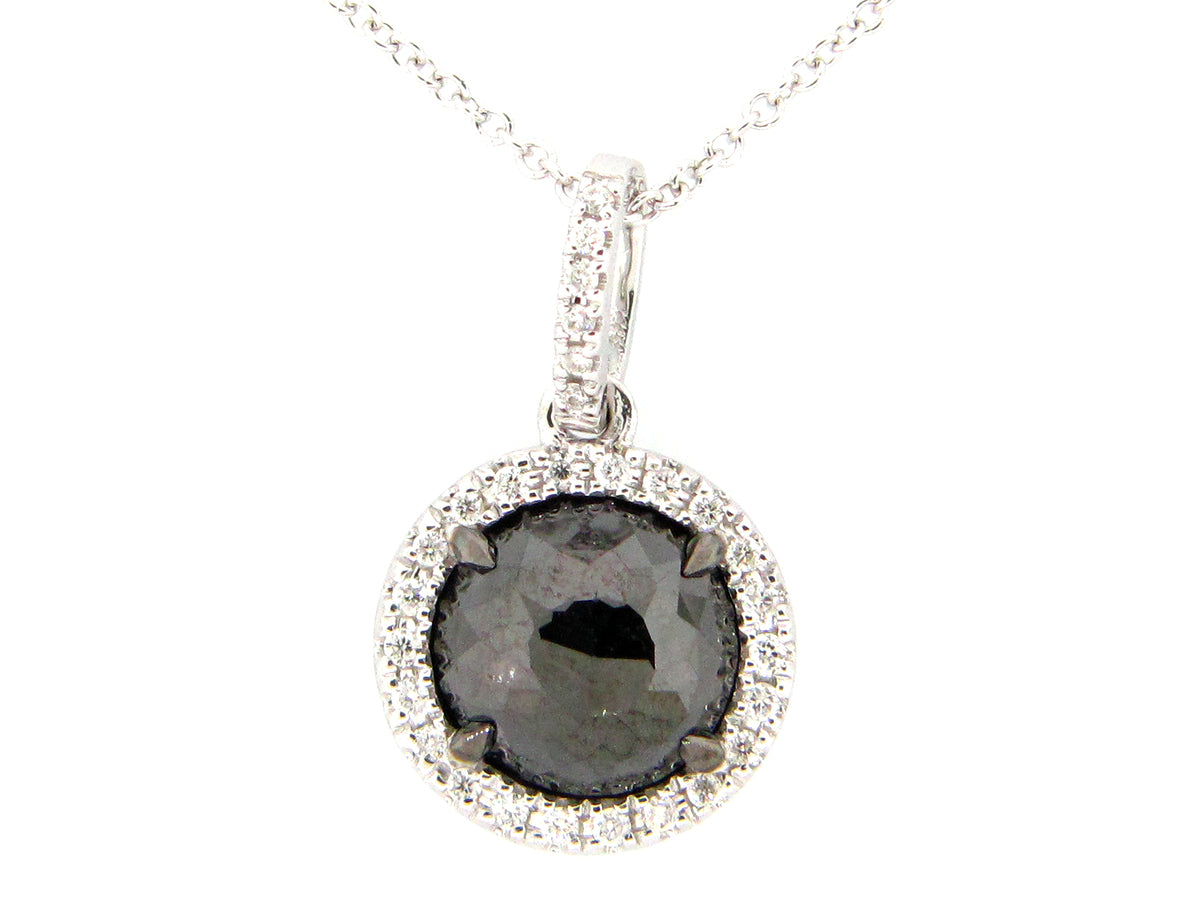 ROSE CUT BLACK & WHITE DIAMOND PENDANT, 14KW (R)