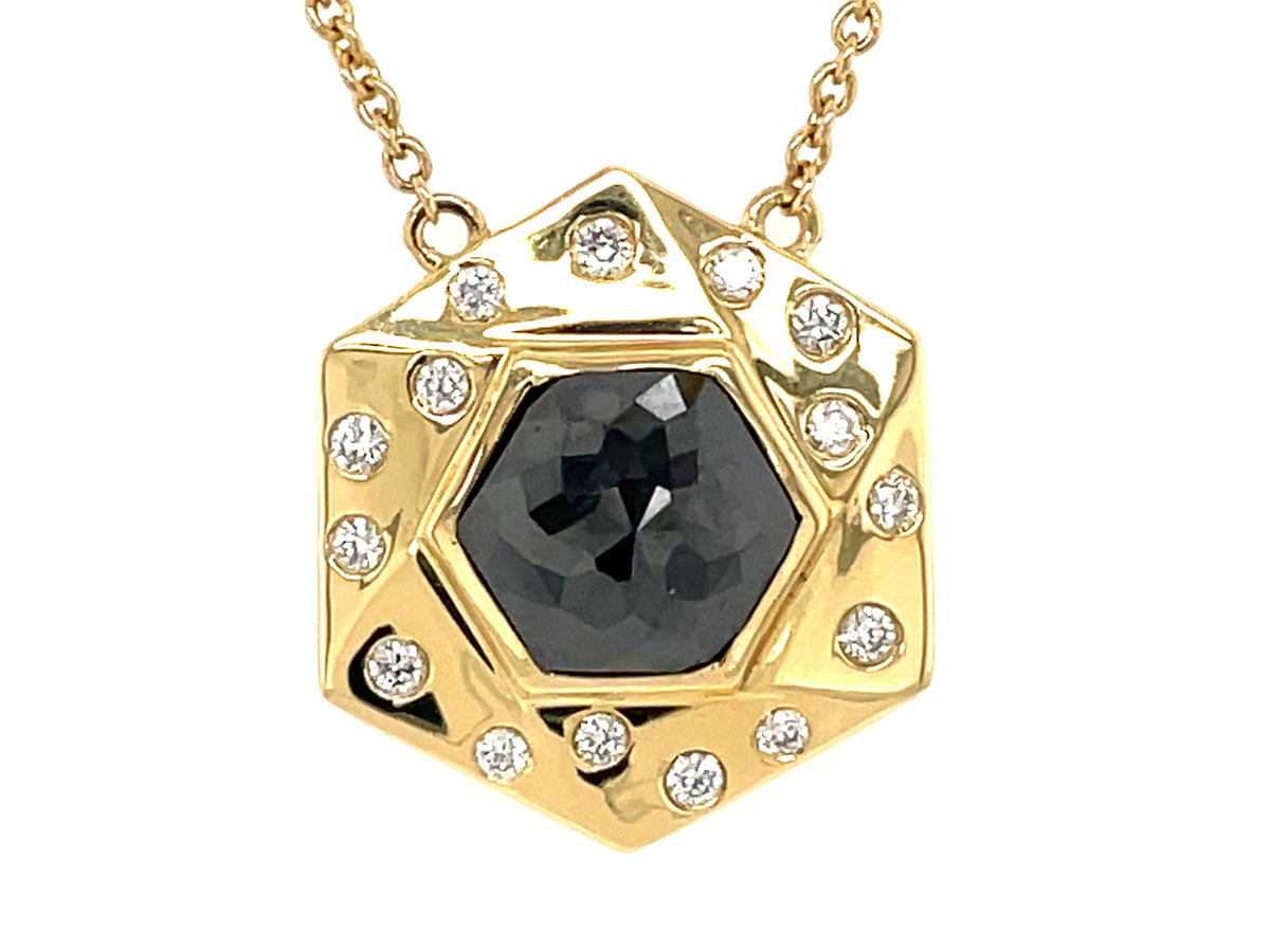 HEXAGON ROSE CUT BLACK & WHITE DIAMOND PENDANT NECKLACE, 18"/17"/16", 18KY (R)