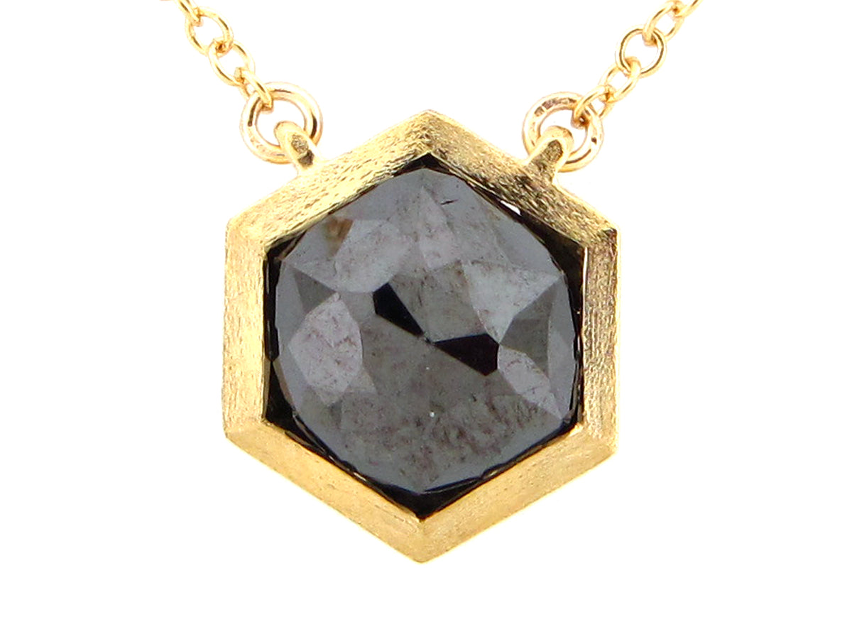 HEXAGON ROSE CUT BLACK DIAMOND PENDANT NECKLACE, 18"/17"/16", SATIN FINISH, 18KY (R)