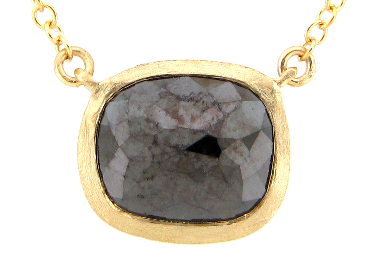 ROSE CUT BLACK DIAMOND BEZEL PENDANT NECKLACE, 18"17"/16", SATIN FINISH, 14KY (R)