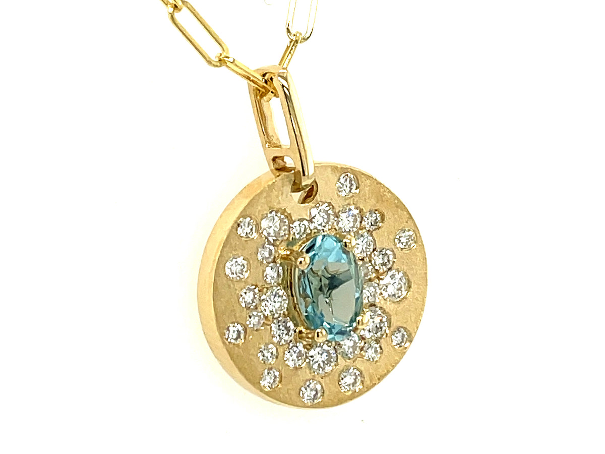 AQUAMARINE & DIAMOND FLUSH DISC PENDANT, 18" PAPERCLIP CHAIN, SATIN FINISH